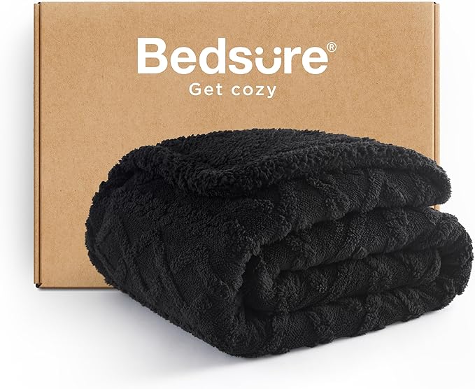 Bedsure Sherpa Fleece Throw Blanket for Couch - GentleSoft Fluffy & Cozy Cable Jacquard Tufted Throw for Women Gift, Thick and Warm Blankets for Winter, Black, 50x60 Inches