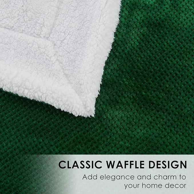 SOCHOW Waffle Sherpa Fleece Throw Blanket, Super Soft Fuzzy Warm, Lightweight Fluffy Reversible Plush Blanket for Bed Sofa Couch, 50 x 60 Inches Forest Green
