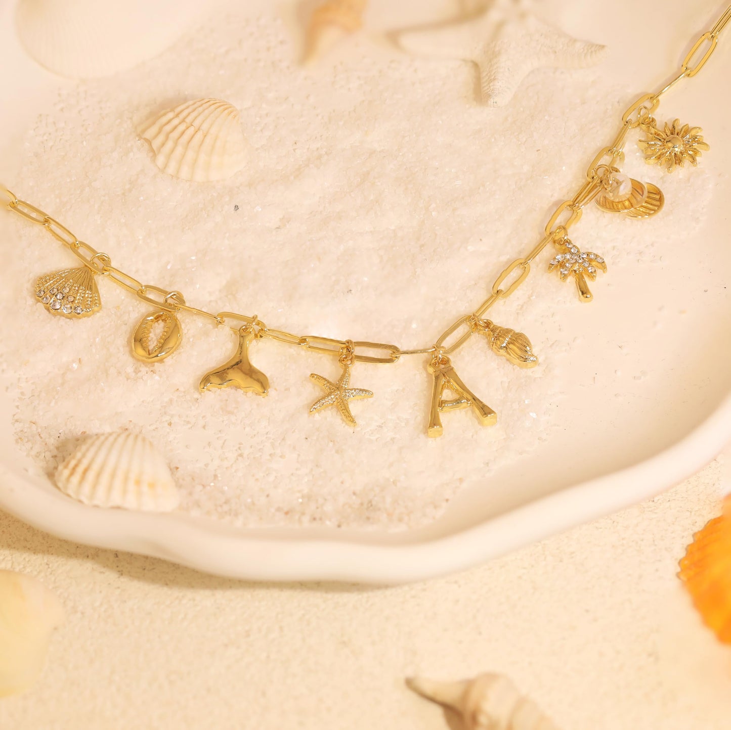 JALZEMPL Initial Charm Necklaces For Women Shell Letter Paperclip Chain Seashell Starfish Beach Summer Pendant Boho Surfer 14K Gold Plated Jewelry Gift (W)
