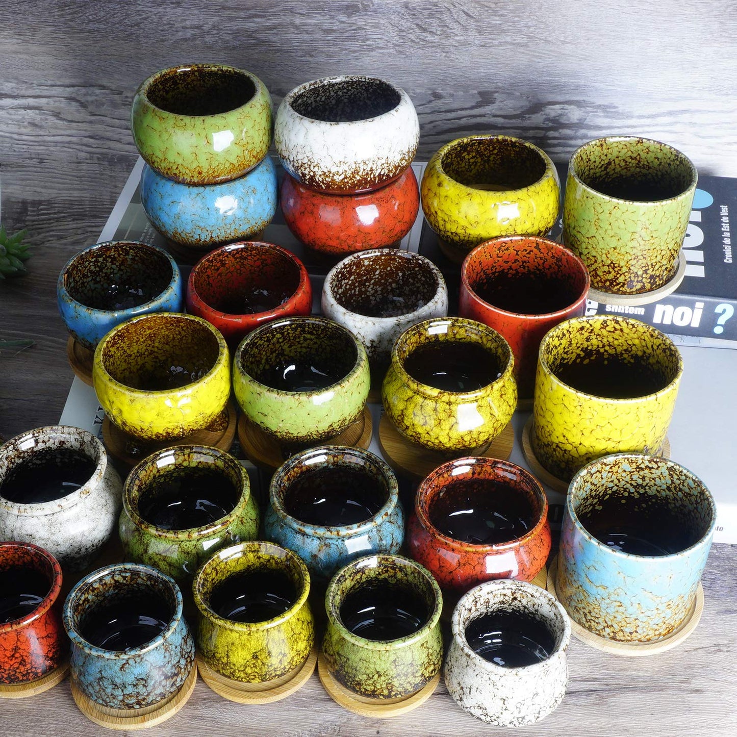 ARTKETTY Succulent Pots, 7.9" Rectangle Succulent Planters with Drainage Tray, Shallow Planters for Indoor Plants Ceramic Cactus Pots Bonsai Flower Plant Container for Home Windowsill Decor