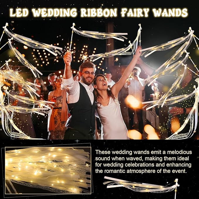 25 Pcs Wedding Wands Ribbon Streamers with 3 Colorful Flashing Modes, Light up LED Silk Fairy Wands, Glow Lace Stick with Bells for Wedding Reception, Graduation, New Year, Birthday Party (Warm White)