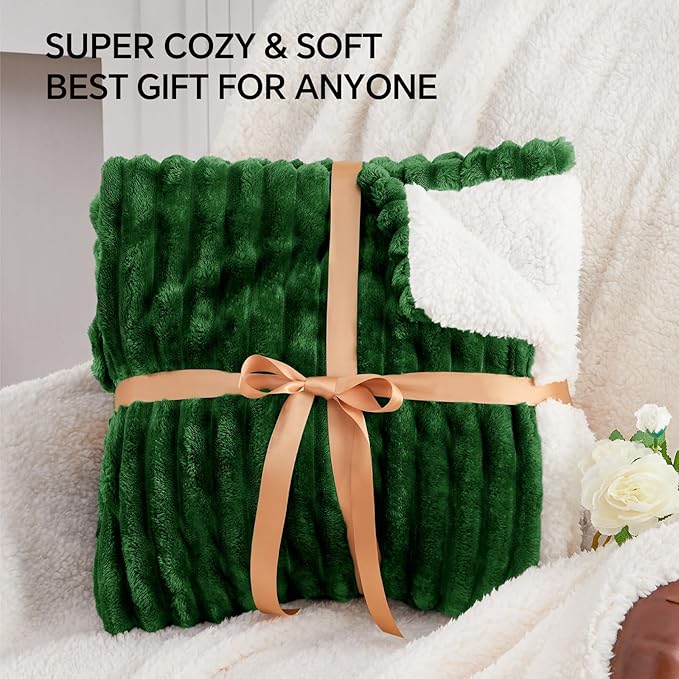 INFIIXSO Sherpa Throw Blanket for Couch - Super Soft & Warm Striped Fleece Blanket, Cozy Plush Fluffy Blanket All Season Use (Dark Green, 50x60 Inches)