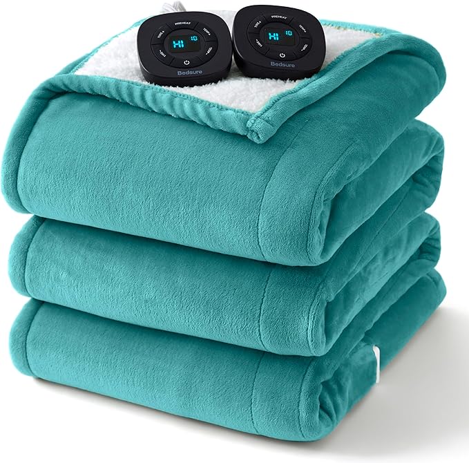 Bedsure Electric Blanket Queen Size - Dual Control Heated Blanket Queen, Fast Heating with 10 Time Settings & 10 Heat Settings, Warm Gift for Grandma (84x90 inches, River Blue)