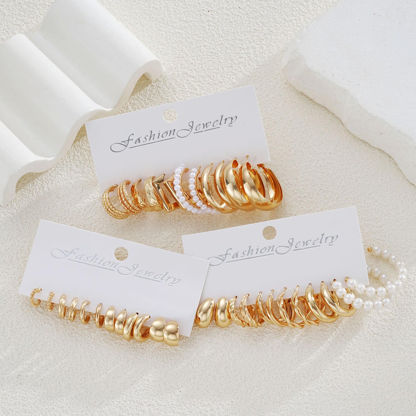 Gold Hoop Earrings Set for Women, 18 Pairs Hypoallergenic Open Pearl Hoops Earring pack, Gold Statement Hoop Earrings for Women Trendy Jewelry