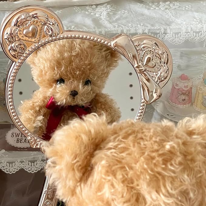 Flower Knows The Sweetie Bear Hand Mirror,Vintage Portable Handheld Mirror,Fancy & Pretty Princess Mirror with Long Handle,Gift for Girls(Minty Blue)