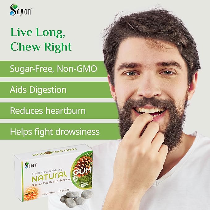 Sayan Sugar Free All Natural Gum, Siberian Pine Tree Resin and Beeswax Chewing Gum for Fresh Breath, Vegetarian, Non-GMO, No Sugar, Gluten Free, Aspartame Free, No Preservatives - 5 Packs (80 Pieces)