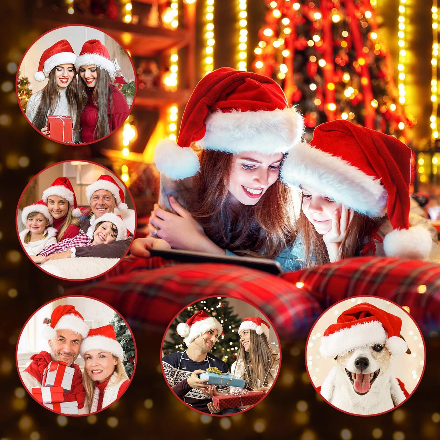 RJVW 6Pcs Santa Hats Christmas Hats: Xmas Holiday Hat for Adults, Unisex Velvet Classic Santa Hat for Xmas New Year