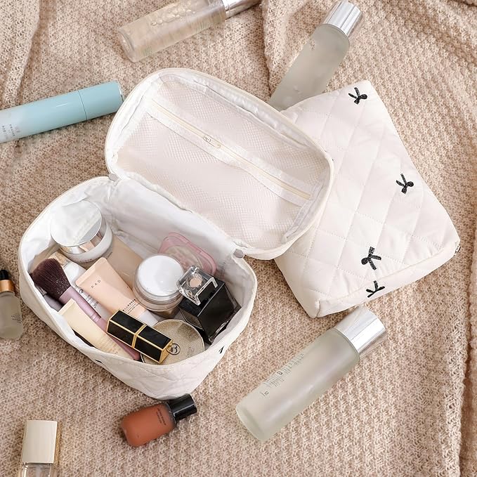 3Pcs Aesthetic Cotton Quilted Drawstring Makeup Bag Set, Aesthetic Cute Bow Makeup Pouch for Girls and Women, Aesthetic Travel Organized Cosmetic Bags for Purse(05Black Bow)