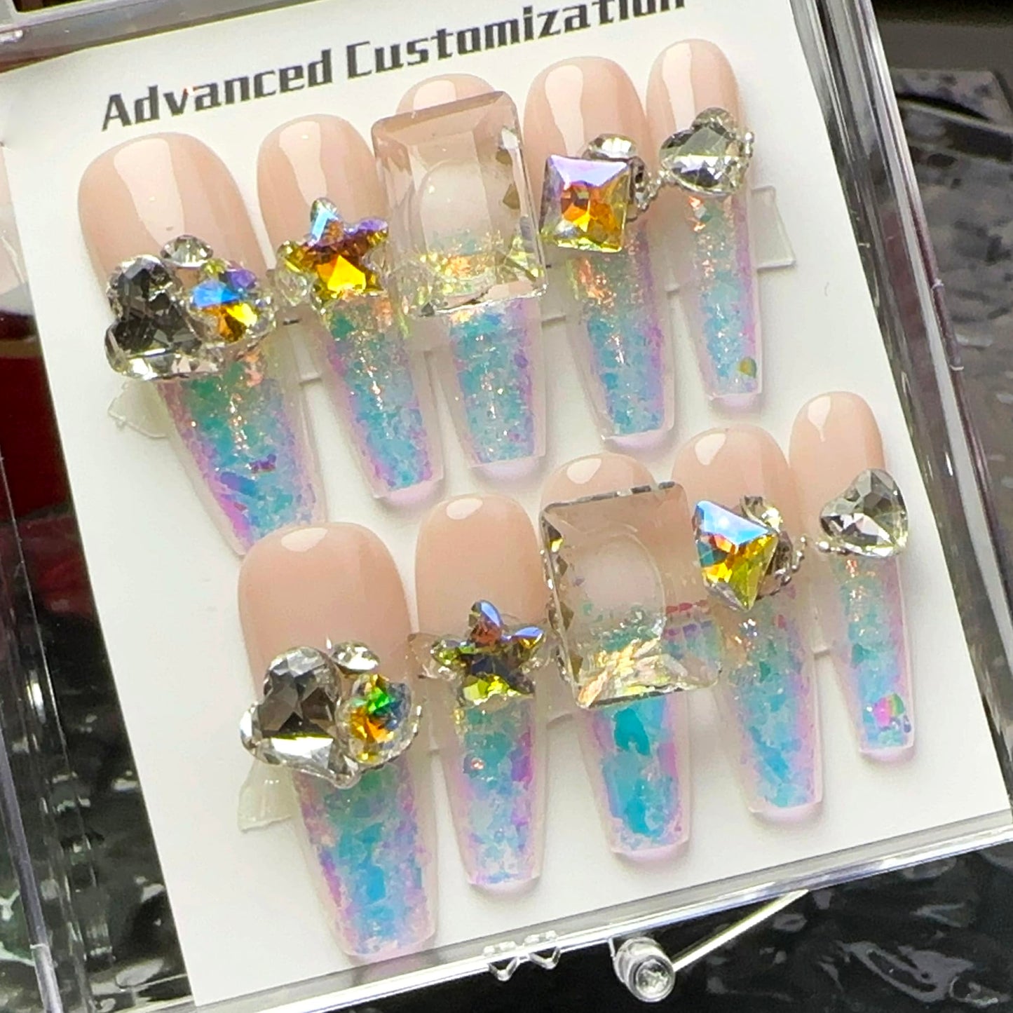 WOMHOPE Press on Nails Handmade Full Cover False Nails with Rhinestone Vintage Flower Aurora Acrylic Nails for Women and Girls 10pcs/Box Long Almond,Coffin (French polarization, Large)