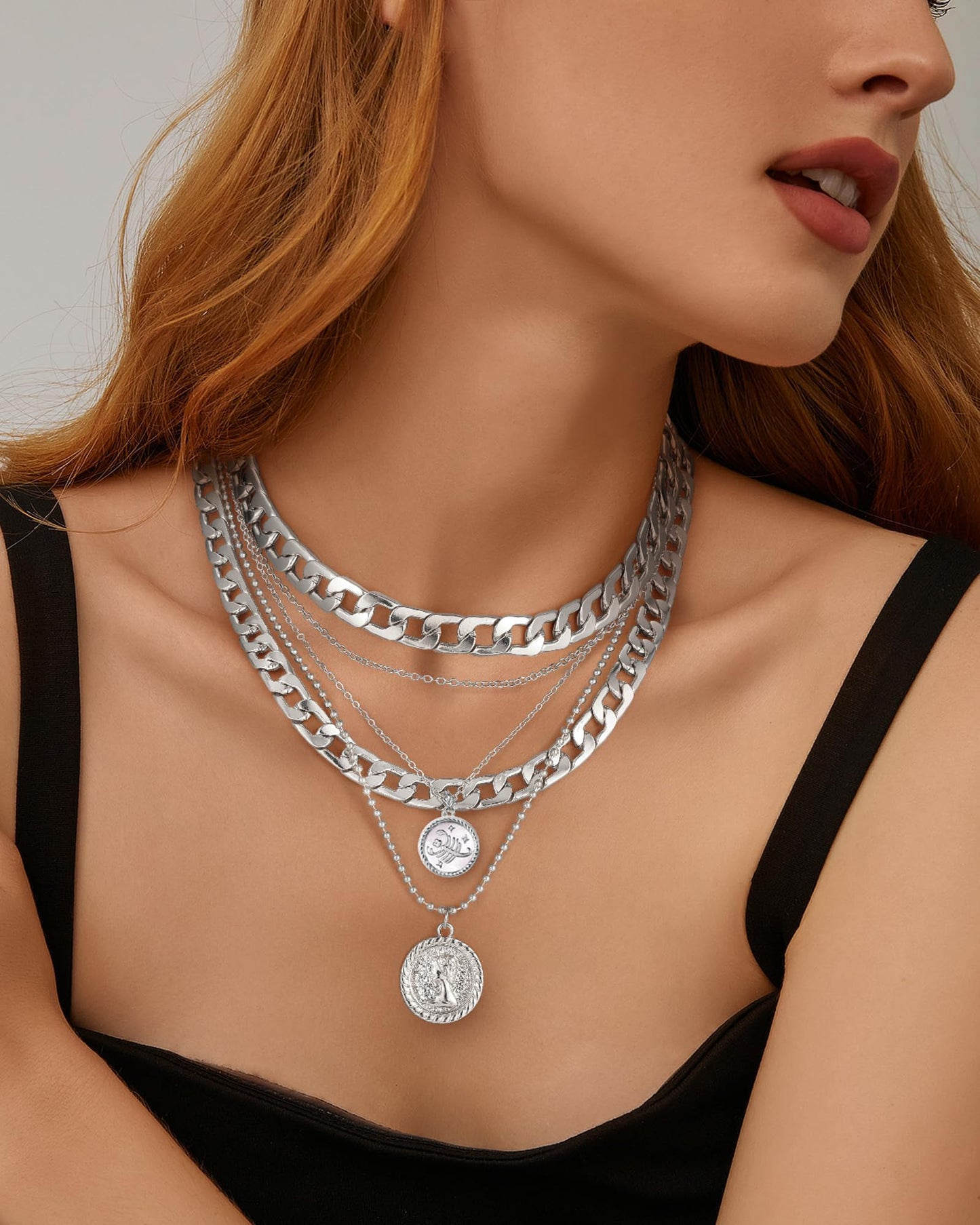 MJartoria Gold Layered Necklaces for Women Trendy Retro Coin Pendant Necklace Dainty Chunky Chain Choker Necklaces for Jewelry Birthday Gifts (Silver, Zodiac-Scorpio-3PCS Layered)