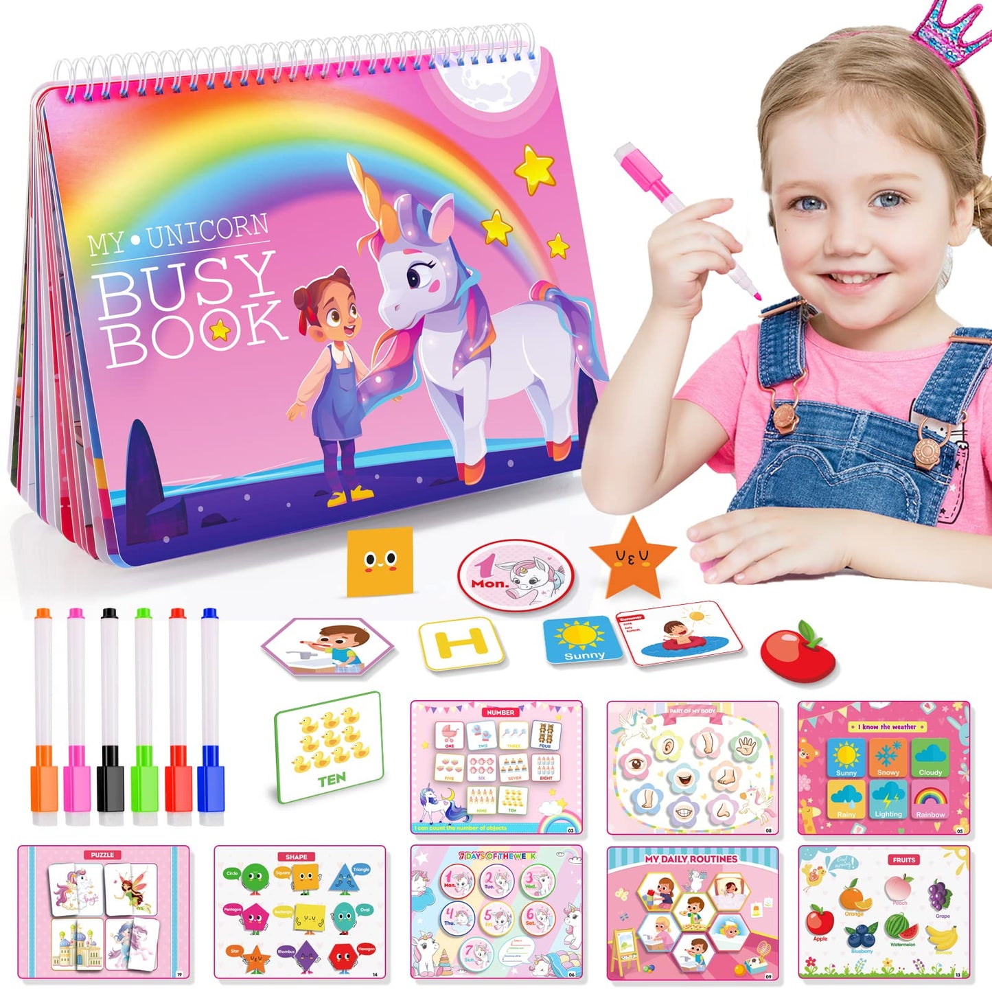 MDINGTD Kids Toys Montessori Toys for Toddlers, Unicorns Gifts for Girls Age 3-5 30 Themes Busy Book for Kids Preschool Educational Learning Toys for 3-5 Year Olds Girls Preschool Learning Activities