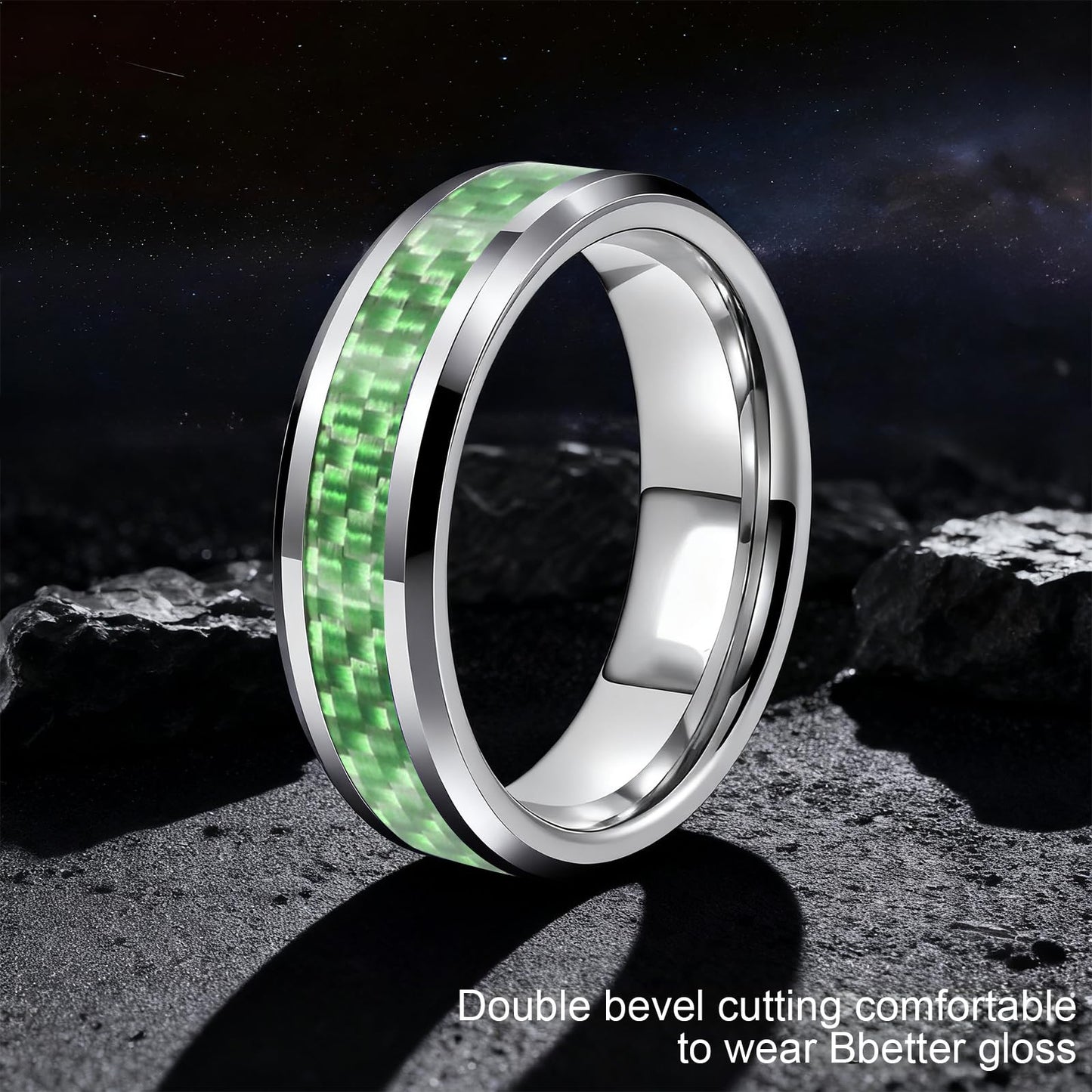 HJIMMNHONG New Carbon Fiber Fashion Rings Double Beveled Edge Delicate Polished Simple Stainless Steel Mens and Women Rings,8mm,Green,Size 9