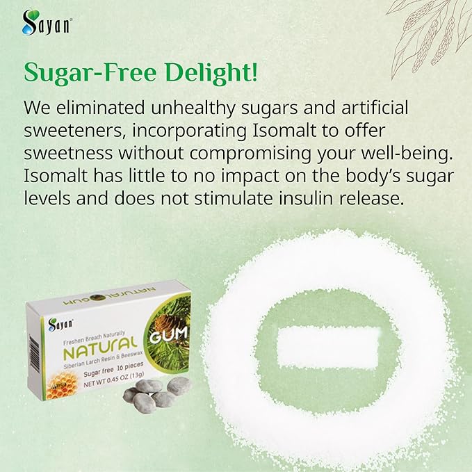 Sayan Sugar-Free All Natural Siberian Larch Tree Resin and Beeswax Chewing Gum – 6 Packs (96 Pieces) for Fresh Breath – Vegetarian, Non-GMO, Gluten Free, Aspartame Free, No Preservatives