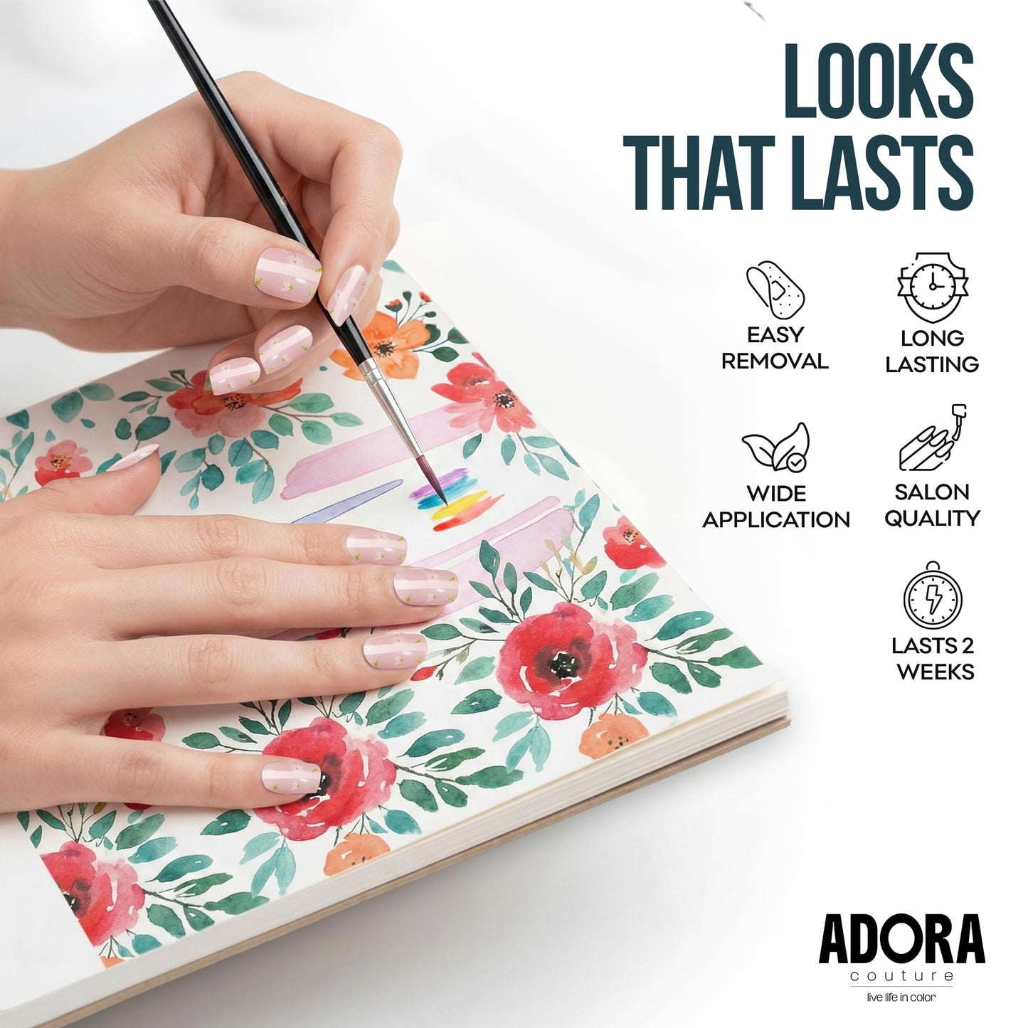 Adora Couture Semi Cured Gel Nail Strips with 20 Pieces - UV Gel Stickers, Manicure Kit, Easy Application Wraps Includes Prep Pads, Nail File, Wooden Stick - UV Light Required (Soft Meadow)