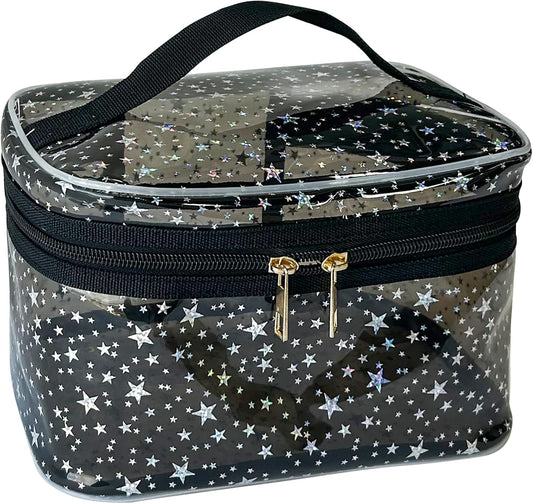Holographic Makeup Bags Bulk,Clear Storage Bag Toiletry Pocket Portable Zippered Iridescent Pouch Waterproof Cosmetic Gift Bags for Women (Black-L)