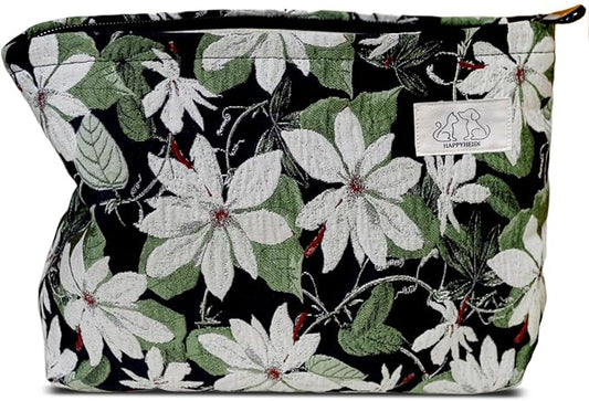 HAPPYHEIDI Large Black Embroidery Floral Makeup Bag Cosmetic Toiletries Travel Pouch, Canvas Lined, Purse Organizer, White Green Flowers