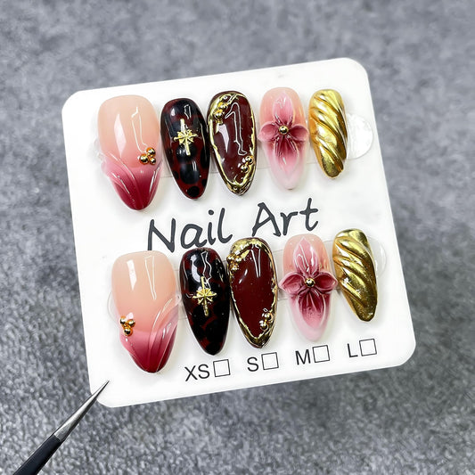 Handmade Press On Nails Almond Homemade Press On Nails French Tip With 3D Design Fake Nail Art For Women M
