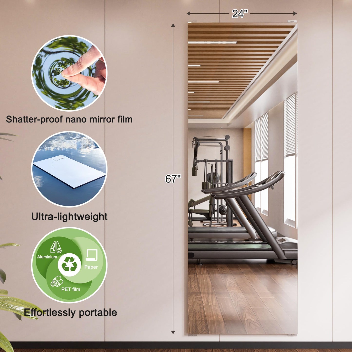 brisafe 2PCS 67"x24" Ultra-Light Wall Mirror for Home Gym & Yoga Studio, Shatterproof Full-Length Mirror with 0.04mm Nano Film, Easy Installation & Commercial Use (60% Insurance Savings)