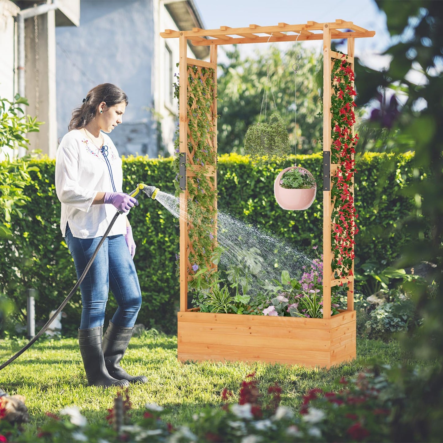 S AFSTAR 72-Inch Raised Garden Bed with Arch Trellis, Hanging Roof & Drainage Holes, Vertical Plant Container for Vine Climbing Plant Flower, Indoor Outdoor Wood Elevated Planter Box for Garden Patio