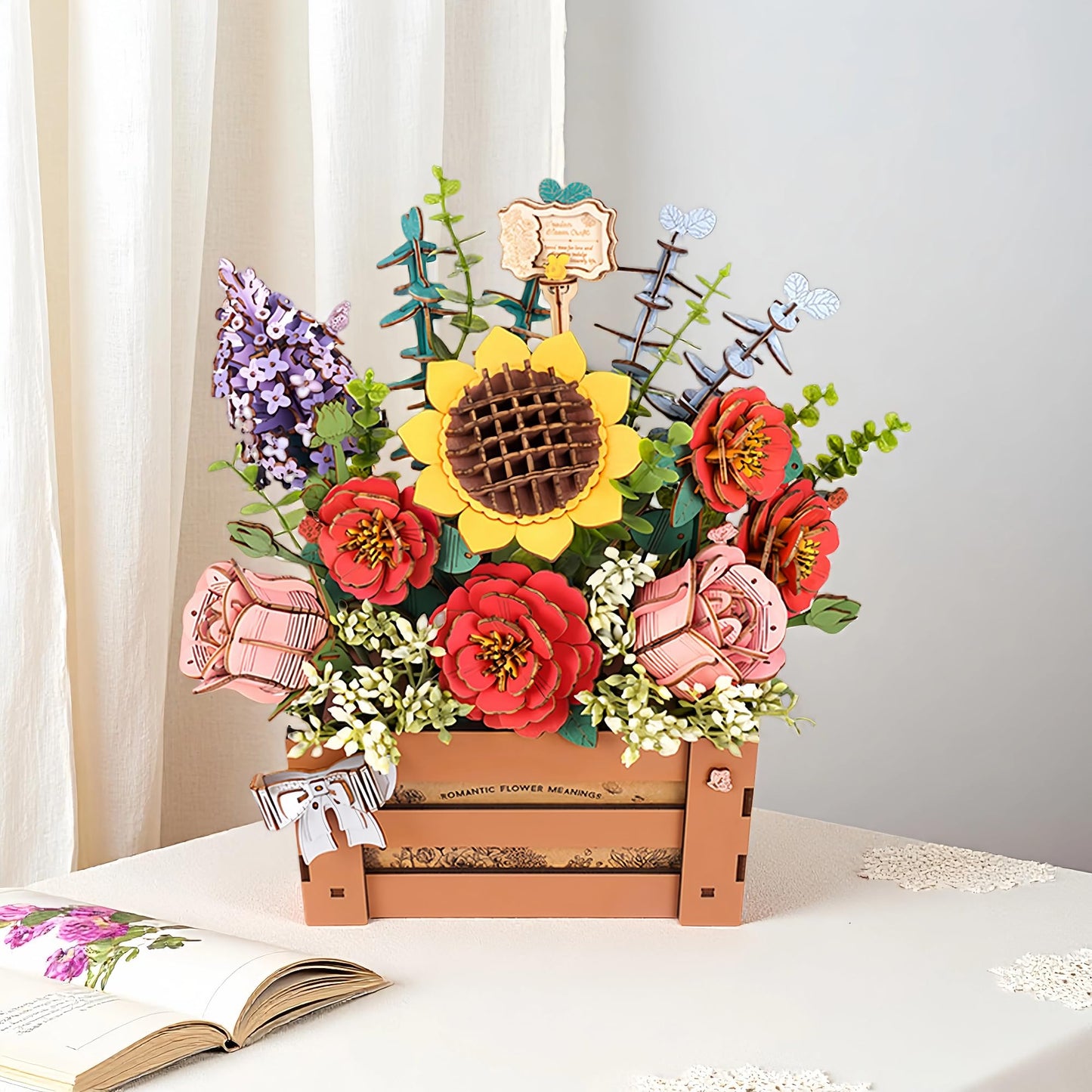 ROBOTIME 3D Wooden Bloom Box Puzzle, Adults' Flower Bouquet Building Set, Artificial Flowers Home Decor, Gift for Wedding/Mother's Day/Birthday, Wood Craft Kit