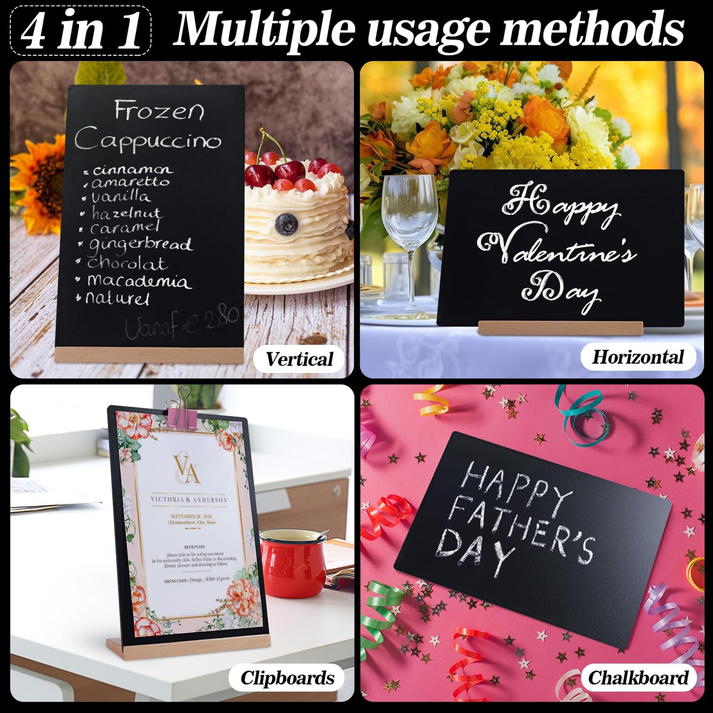 Small Chalkboard Sign, Reusable Double Sided Mini Chalkboard Signs with Wooden Base Stand, 12 x 8 Tabletop Chalkboard for Kids, DIY Home Decoration, Store Poster Display (2 Pack)