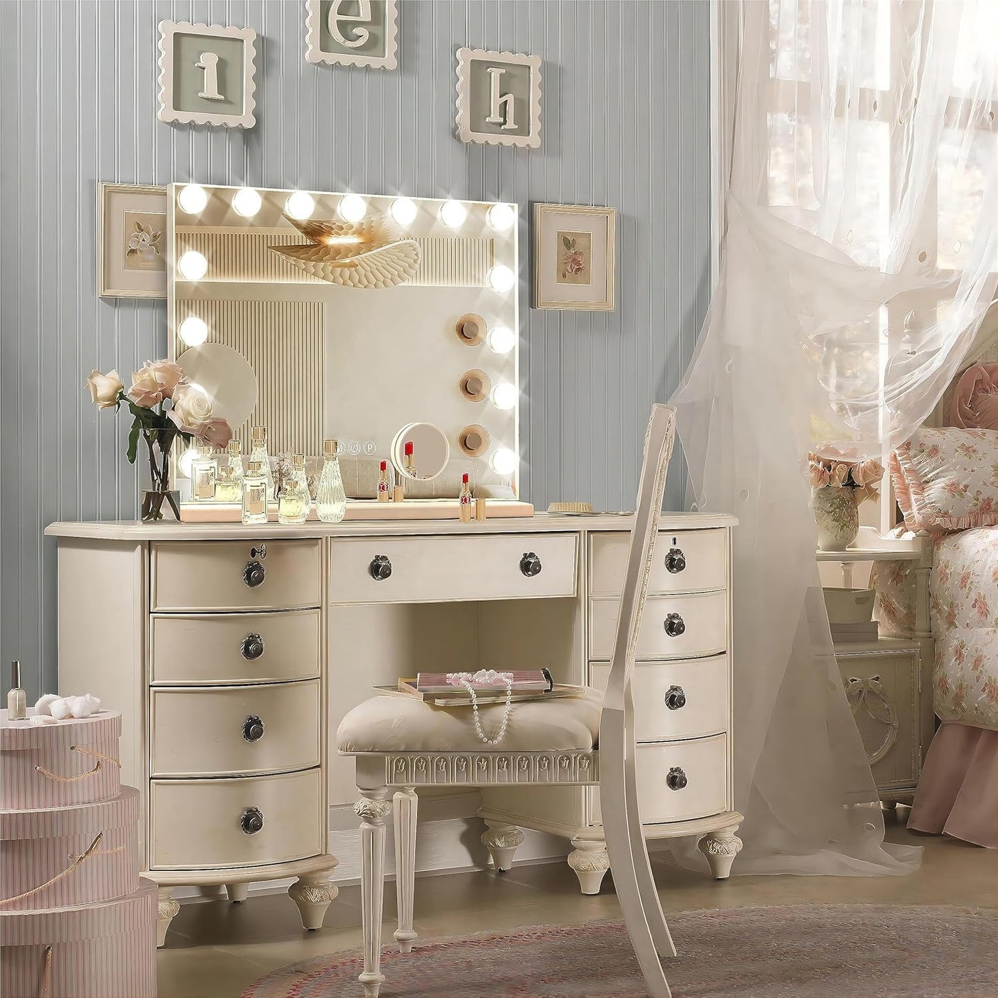 Hollywood Vanity Mirror with Lights, 15 Dimmable Bulbs, 3 Color Lights,Make Up Lighted Mirror, Aluminum Metal Frame, USB Charging Port（23" x 18"）