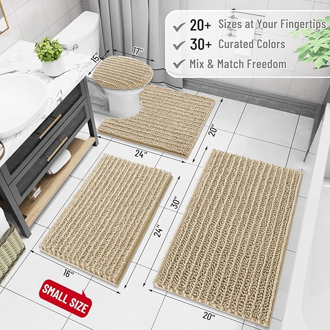 Arotive Luxury Chenille Bathroom Rug Mat, Extra Soft Thick Absorbent Shaggy Bath Rugs, Non-Slip Machine Wash Dry, Plush Bath Mats for Bathroom, Shower and Tub, 36x24, Beige