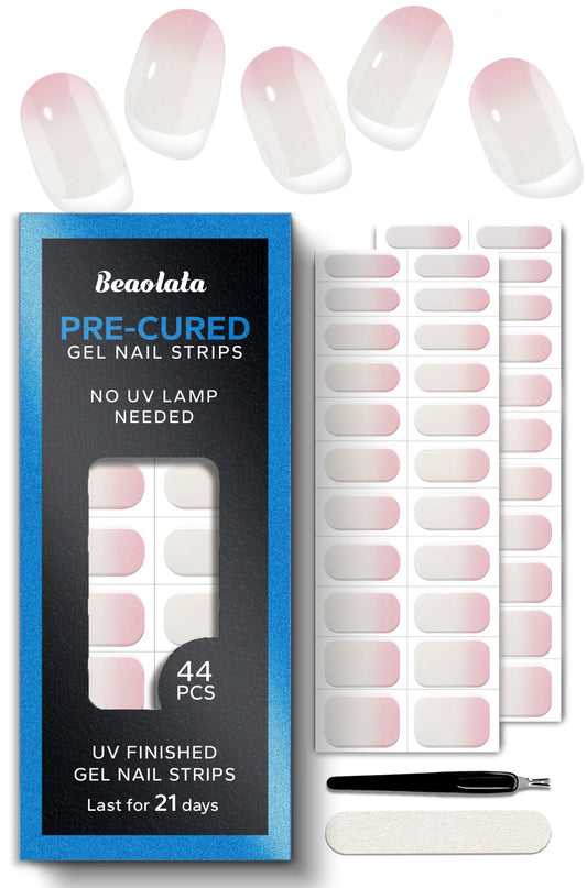 Beaolata Real Gel Nail Strips (No UV Light Needed) - 44Pcs Salon Quality Nail Stickers - Long Lasting Polish Wraps for Women, Easy Apply & Remove (Soft Swirl Pink)
