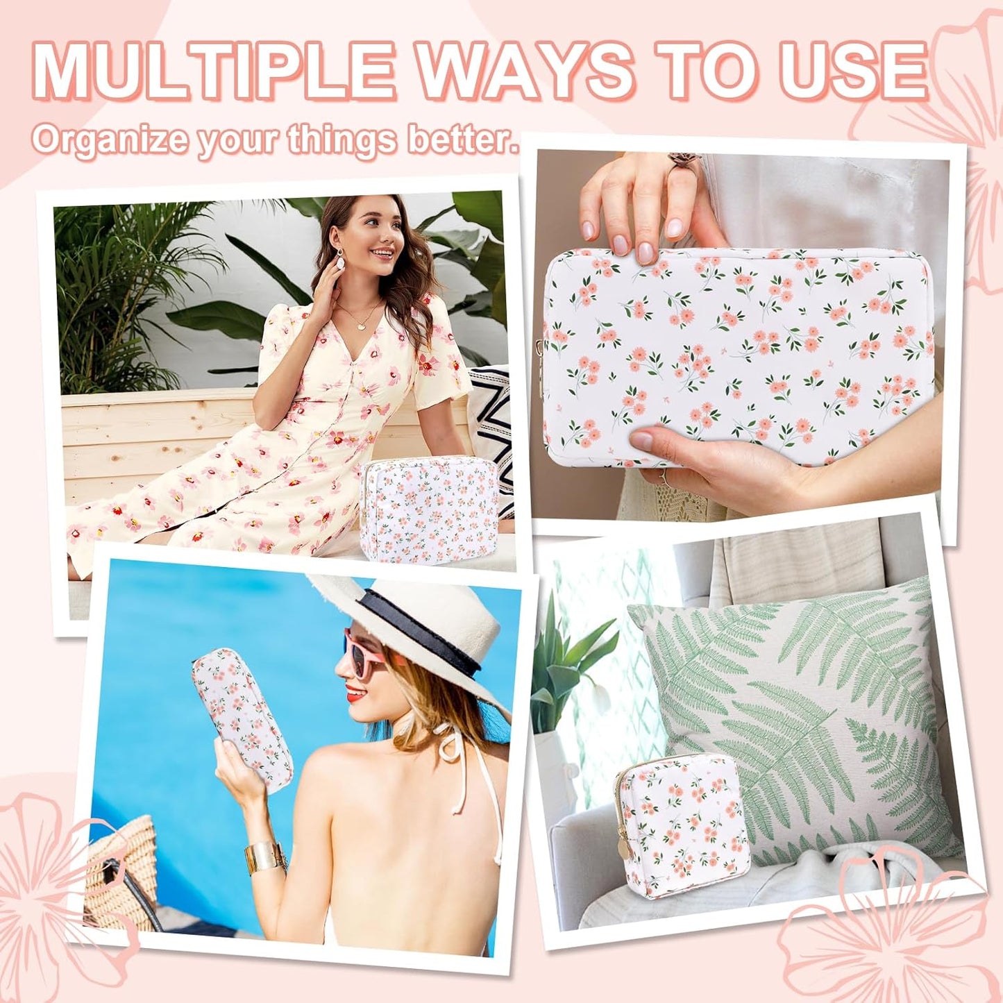 Waterproof Large Floral Makeup Pouch,Nylon Travel Toiletry Storage Purse Preppy Cosmetic Bag for Women Girl,Large Capacity Makeup Organizer Zipper Pouch for Work(L White-Flowers)