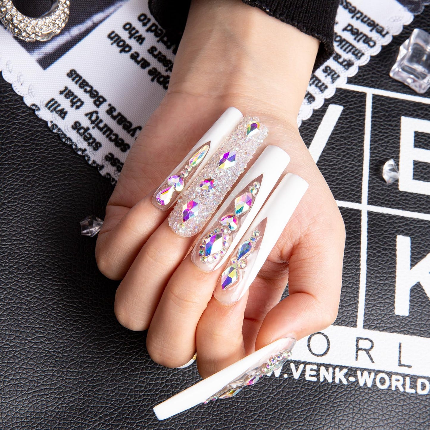 LOVFUL Press on Nails Candy Diamonds & White French Tip | Luxury Spring French Tip Glossy Press On Nails with Bling | Square Long 2.2 in | H36(M)