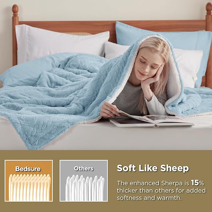 Bedsure Sherpa King Size Blanket for Bed- GentleSoft Fleece Fluffy & Cozy Cable Jacquard Tufted for Women Gift, Thick and Warm Blankets for Winter, Blue, 108x90 Inches