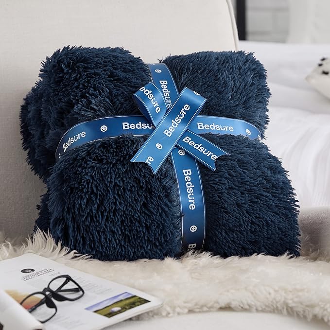 Bedsure GentleSoft Fluffy Navy Blue King Size Blanket for Bed, Thick Soft Sherpa Faux Fur Fleece Bedding Fuzzy Plush Winter Warm Heavy Large King Blanket, Cozy Blue Gifts for Men Women, 108x90