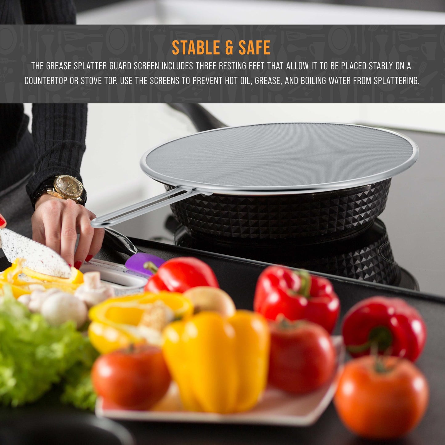 U.S. Kitchen Supply Set of 3 Stainless Steel Splatter Screen - 13", 11.5" & 9.5" Sizes - Fine Mesh Splatter Screen with Resting Feet Set, Grease Guard for Kitchen Pots and Pans