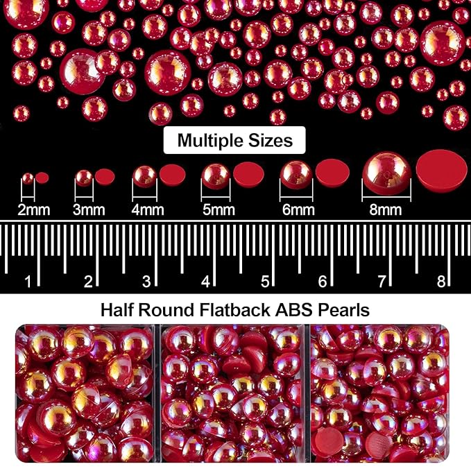 4000PCS Flatback Rhinestones and Half Round Pearls Kit #4, Multi Size Glass Clear & AB Crystals, Plastic Flat Back Red AB Dome Bead with Pickup Pencil and Tweezer for Nail Art