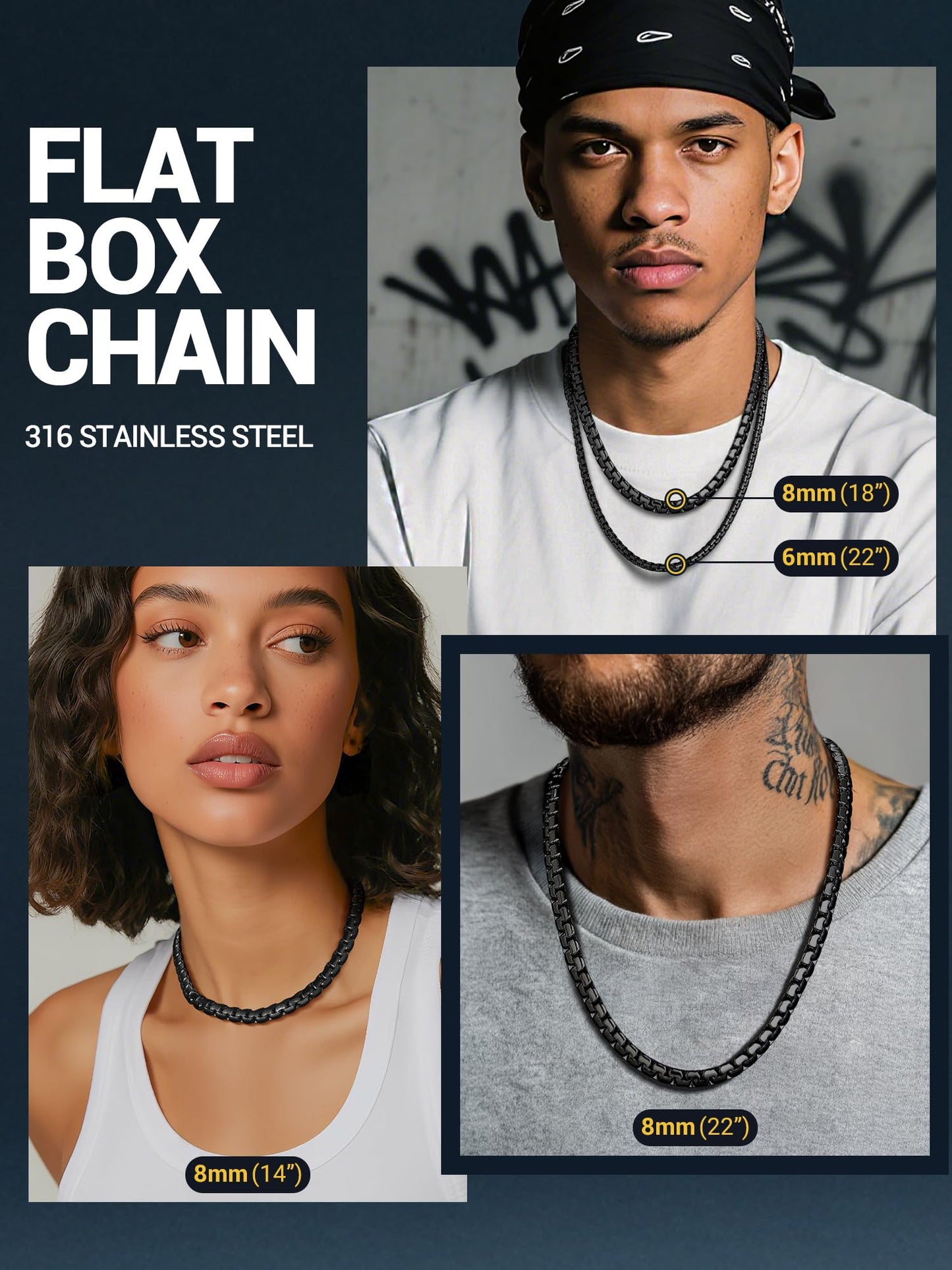 PROSTEEL Black Mens Chain 316L Stainless Steel Non Tarnish & Hypoallergenic 8mm Thick Mental Chain for Mens Hip Pop Jewelry