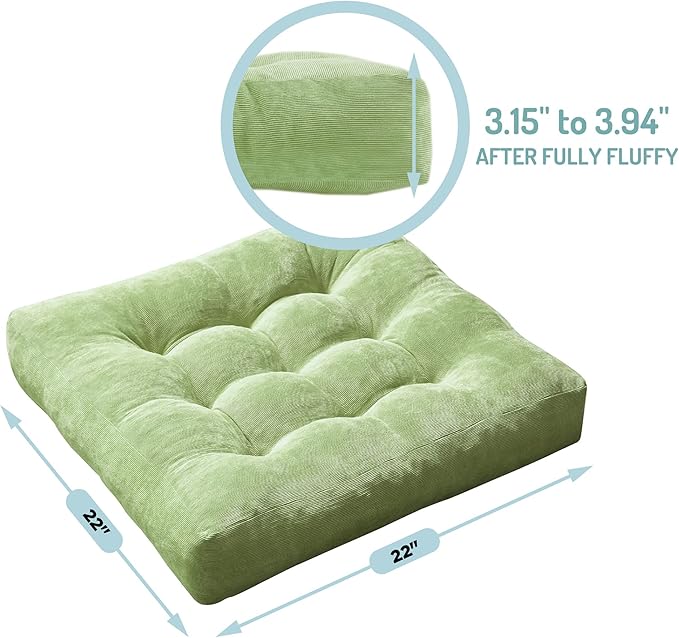 Meditation Floor Pillow Set of 2, Square Large Pillows Seating for Adults, Tufted Corduroy Cushion for Living Room Tatami, Green 22x22 Inch