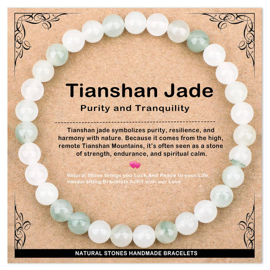 AD Beads 6mm Handmade Tianshan Jade Elastic Bracelet – Natural Gemstone for Purity and Tranquility – Meditation, Yoga, Healing and Energy Gift for Men Women