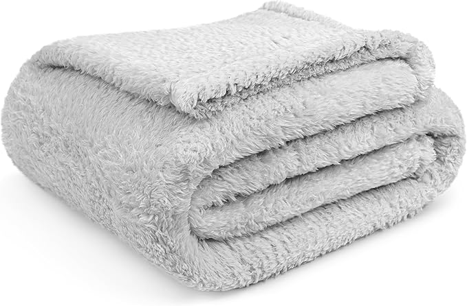 Pavilion Sherpa Bed Blanket Queen Size - Light Grey Plush Soft Cozy, Fluffy Microfiber, Fuzzy All Season, 90x90