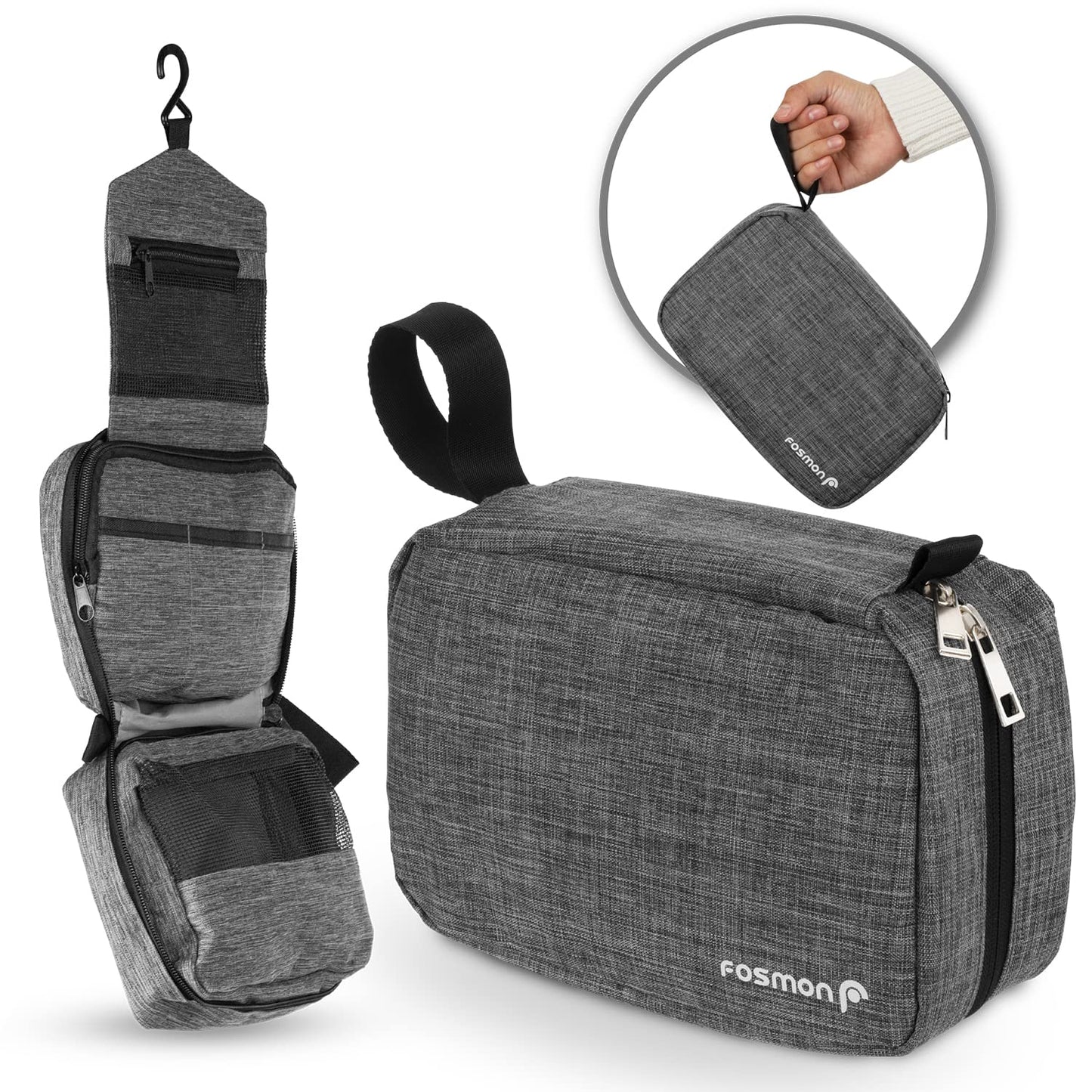 Fosmon Hanging Travel Toiletry Bag, Compact Toiletries Organizer, Cosmetic Makeup Portable Bag, Shower Bathroom Shaving kit, Hygiene Water-Resistant Carrying Travel Accessories for Men and Women