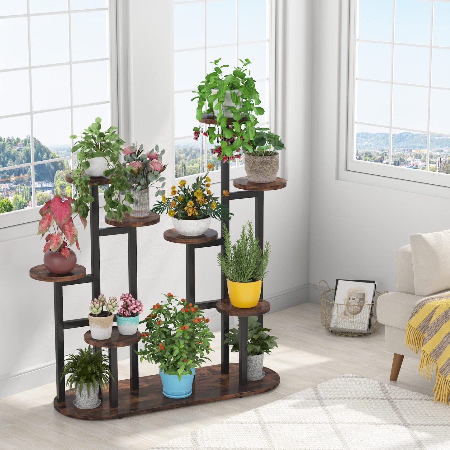 LITTLE TREE Multi-Tiered 11 Potted Plant Stand Indoor Tall Plant Shelf Flower Stands Plant Rack for Garden Balcony Living Room, Rustic Brown