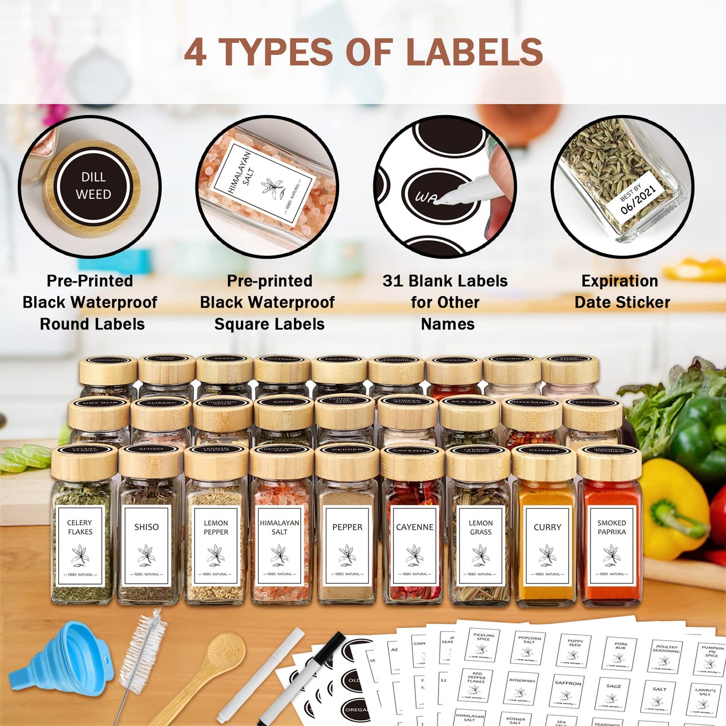 Aliggbent Spice Jars with Lable, 36 Pcs 4 oz Glass Spice Jars with Bamboo Lids, Spice Containers Bottles, Glass Seasoning Jars with Shaker Lids, Collapsible Funnel, for Spice Racks, Pantry,Cupboard