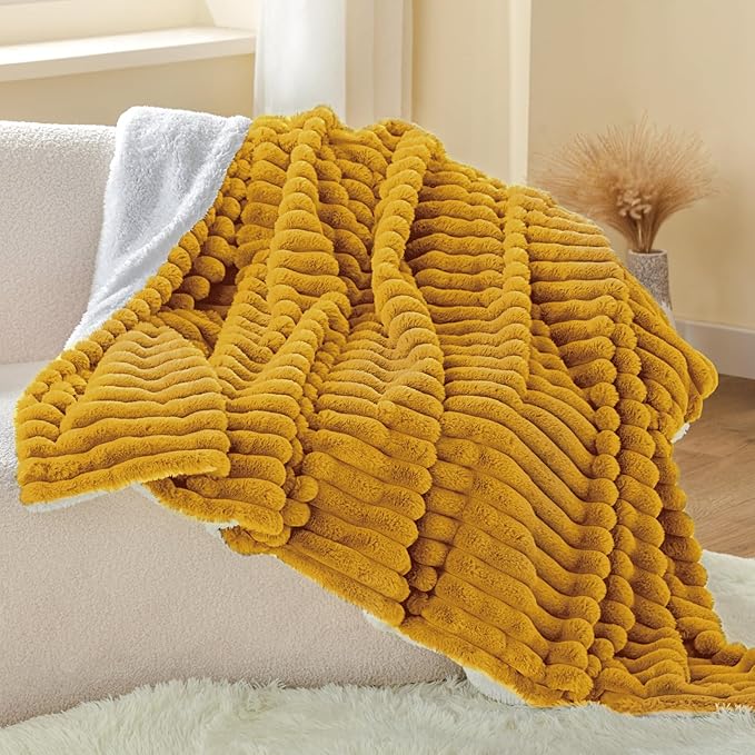 INFIIXSO Sherpa Throw Blanket for Couch - Super Soft & Warm Striped Fleece Blanket, Cozy Plush Fluffy Blanket All Season Use (Mustard Yellow, 50x60 Inches)