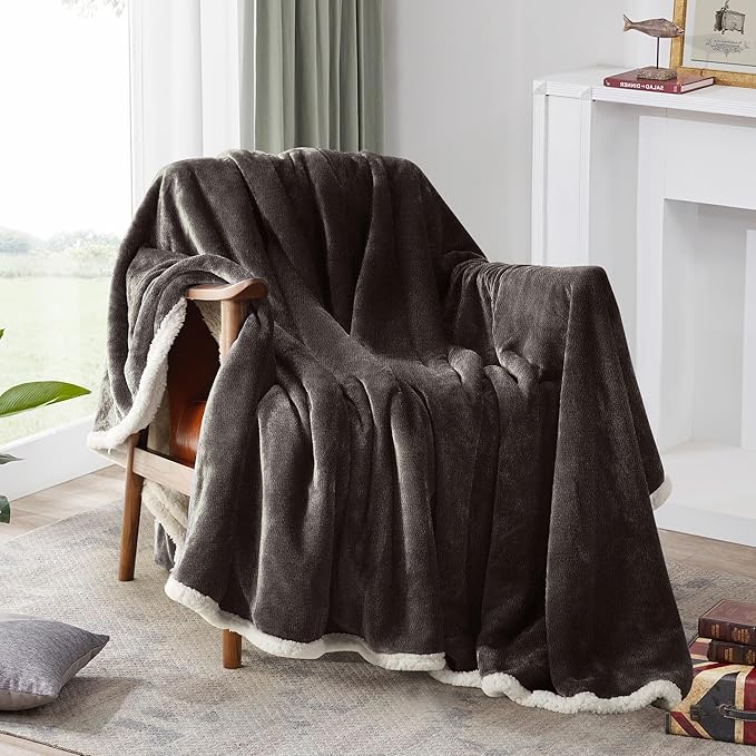 BEAUTEX Sherpa Fleece Throw Blankets, Soft Fluffy Flannel Plush Blanket and Throw, Fuzzy Cozy Coffee Cuddle Blankets for Couch Bed Sofa Adults (50" x 60", Coffee)