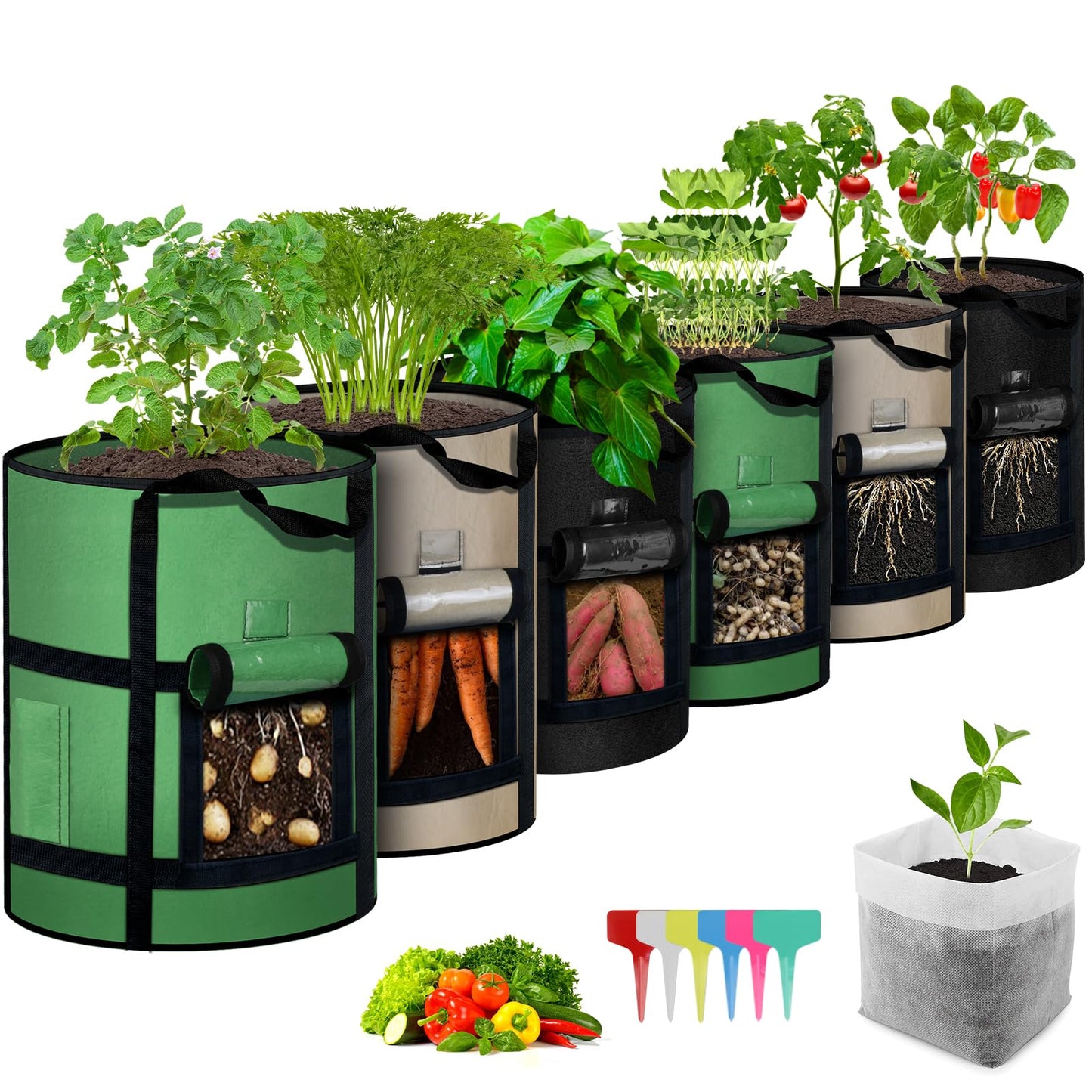 MEKOLIFE 10 Gallon Potato Grow Bags with Viewing Window, 300G Nonwoven Garden Planting Pots, Heavy-Duty Surround Handles for Gardening Supplies (6Pack Grow Bags)