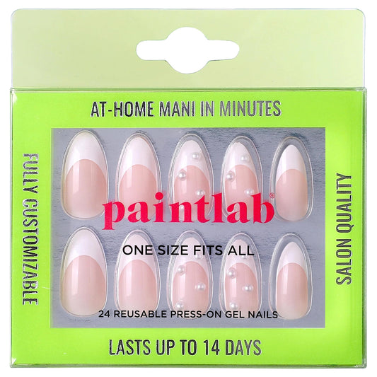 PaintLab Press On Nails - Mother of Pearl 3D Pearl White French Tip Almond Fake Nails, 30 Nails in 15 Sizes with Glue, Reusable Salon Quality Press On Nails