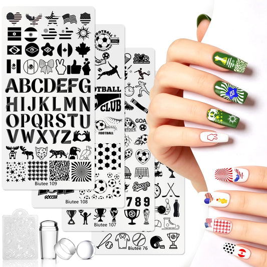 Biutee Nail Stamping Kit with 4 Soccer Nail Stamping Plates, Football Nail Stamp Set with Clear Nail Stamper & Scraper, Nail Art Stamping Plates for DIY Nail Art, Soccer Manicure & Salon Home Design