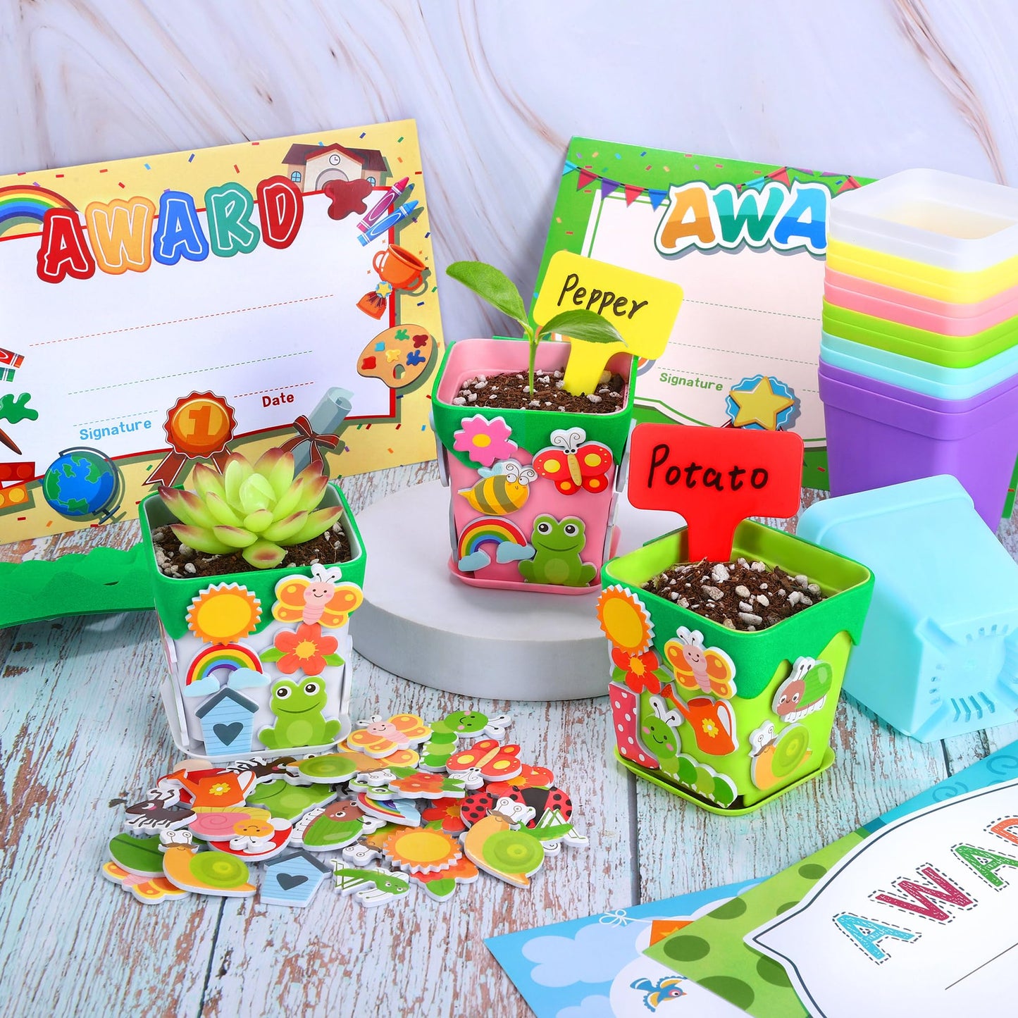 Elcoho 36 Set Garden Plastic Pot Craft Kit Plant Spring Craft Kits for Kids Flower Pots with 150 Foam Stickers 36 Labels 24 Certificate of Awards 3 Tools Planting Growing Kit for Kids, Mixed Colors