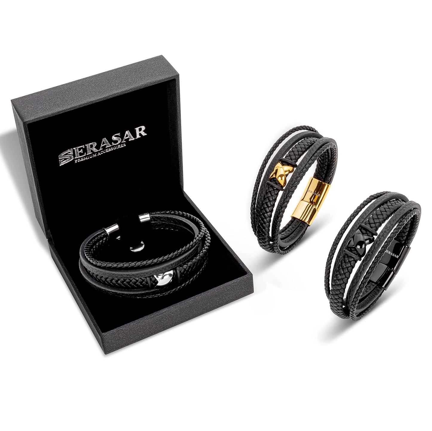 SERASAR Hombres Pulsera de cuero negro 23cm Brazalete Hombre Regalo Caja envuelta en genuina multicapa para Cierres magneticos Joyas