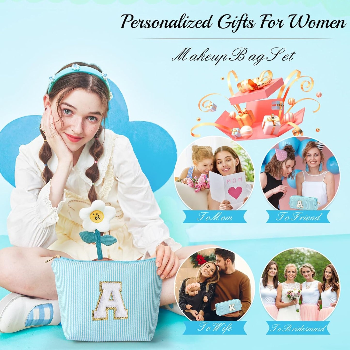 YOOLIFE Personalized Friend Birthday Gifts - 2 Pieces Makeup Bag Cosmetic Bags for Women Travel Makeup Bag Make up Bag with Small Makeup Bag Wedding Bridesmaid Gifts Teacher Gifts for Women Letter H