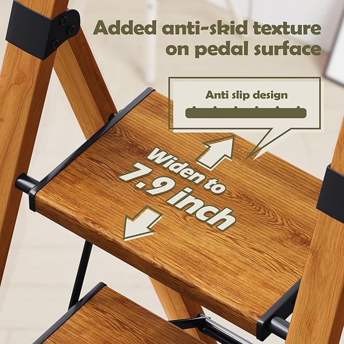 Taranta 4 Step Ladder, Portable Folding Ladder with Wide Pedal, Lightweight Aluminum Step Stool with Convenient Handgrip, 330 lbs Capacity Stepladder for Home, Office - Woodgrain
